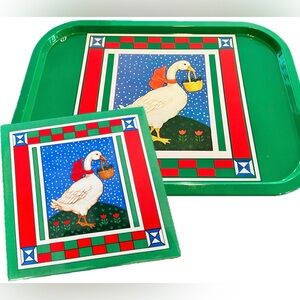 Willits Vintage Goose Metal Tray & Matching Trivet 1985 Country Cottage Holiday